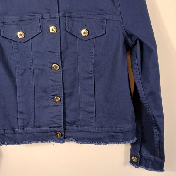 Kim Gravel, Belle, Medium Navy Denim Jacket with Gold Buttons and Frayed Trim - Picture 7 of 15